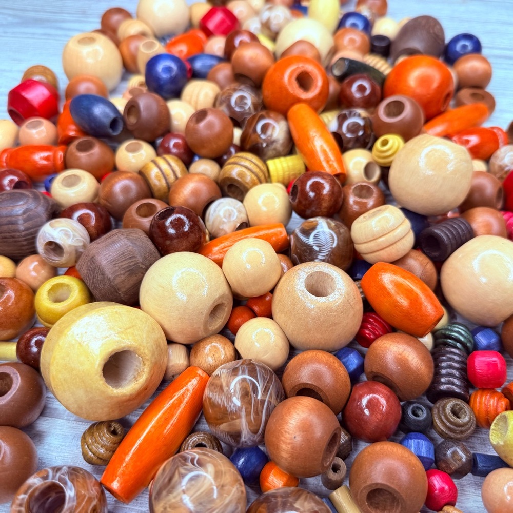 Vintage macramé wooden and plastic beads all shapes & sizes 277 beads 2lbs 5.6oz